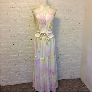 Saylor tiered halter maxi dress dyed pink yellow size xs